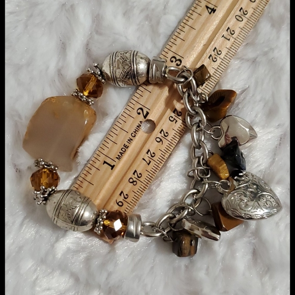 Silvertone Stretchy Chain Mixed Media faux gems yellow brown findings Stackable - Picture 3 of 5